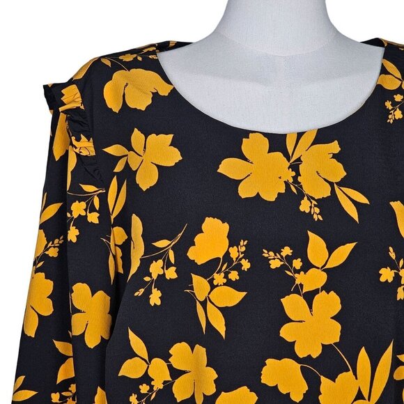 Eloquii Balloon Sleeve Floral Print Midi Dress Black Yellow Womens Plus 20 - Picture 9 of 9